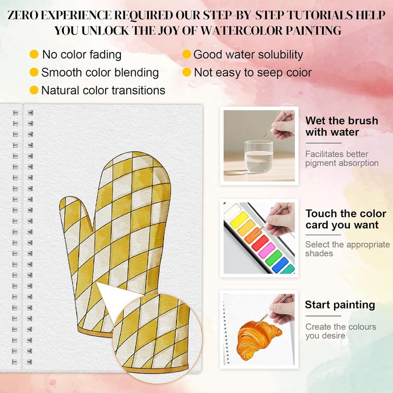 apolyone Watercolor Workbooks- 2 Pack Beginner Workbooks with 24 Coloring Book Pages - 12 Color blocks and a Brush - Watercolor Paper 300gsm/140lb - Gift for Women, Adults, Beginners (Autumn & Kitchen) - Image 5